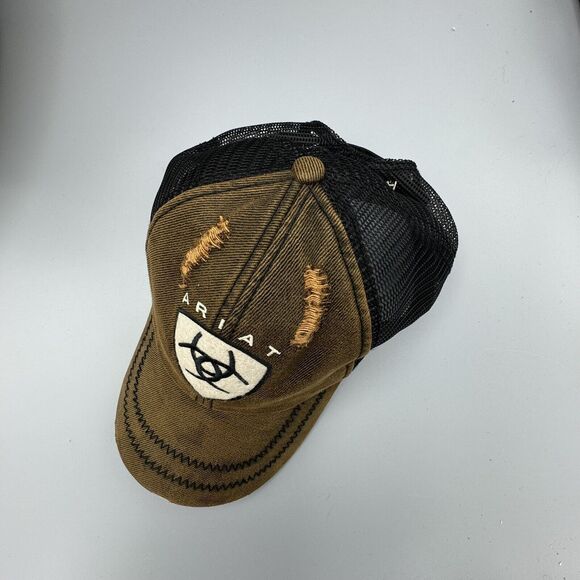 Distressed Ariat Brown Black Baseball Truckers Mesh Hat Adjustable Strap Western - Picture 12 of 12